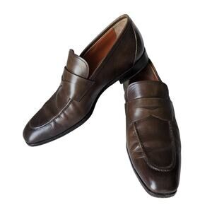 7 Santoni Leather Penny Loafers Slip On Brown Leather Sole Italy Men Dress Shoe